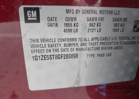 2016 Chevrolet Malibu Lt из США, поврежденный, VIN 1G1ZE5ST8GF280098